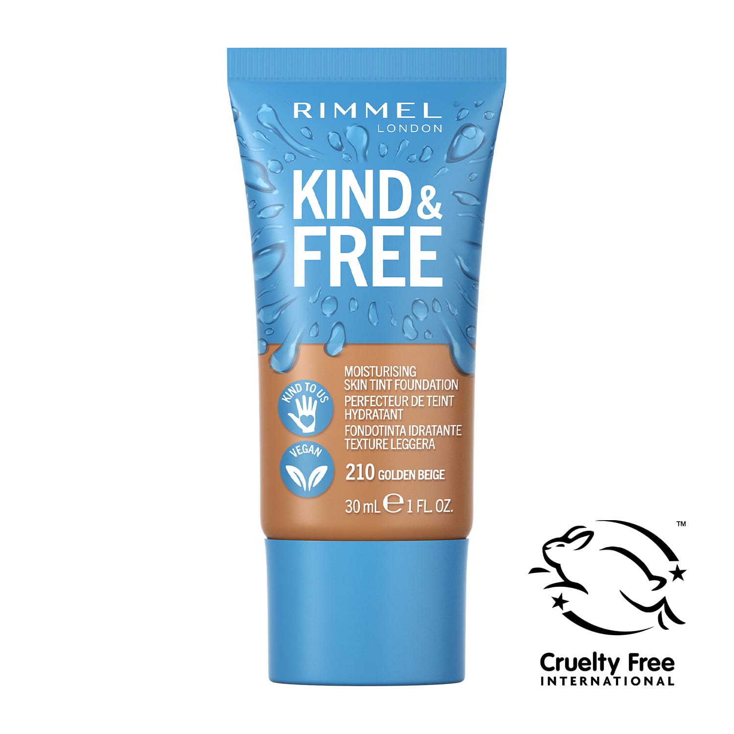 Тональна основа Kind and Free Skin Tint Moisturising Foundation Rimmel London (210) GOLDEN BEIGE, 30 мл